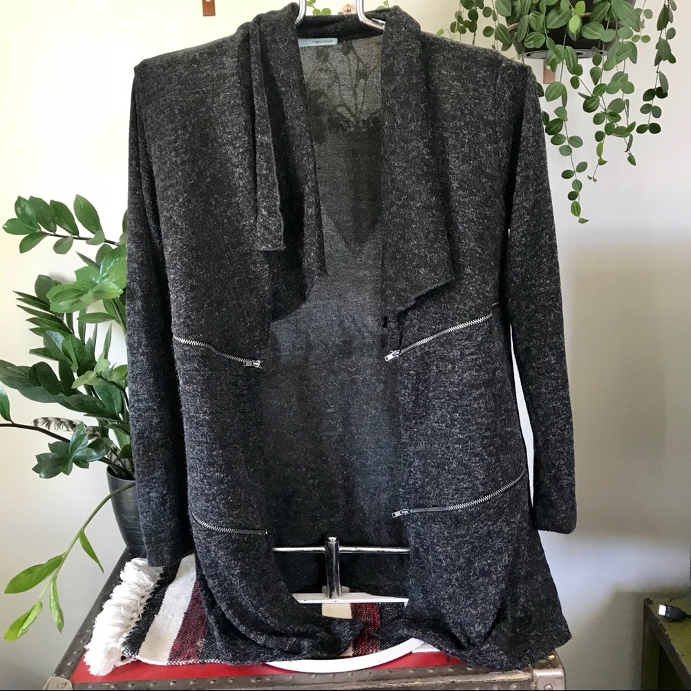 Charcoal Gray Open Front Cardigan Zipper Detail M